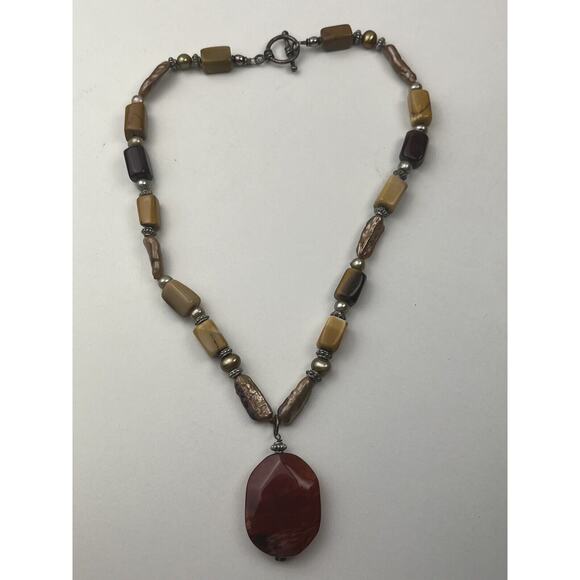 Sterling Silver Real Pearl Ceramic & Stone Necklace Toggle Clasp 16" Fall Colors - Picture 3 of 12